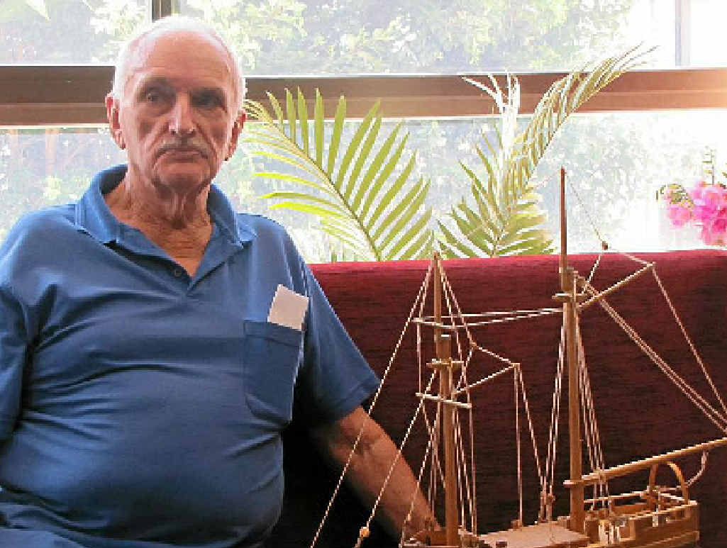 Ralph Gustafsson with his hand made model of early ship. Other pieces of Ralph’s art and woodwork are included in the Curra Art Group’s display at the Gympie Library.